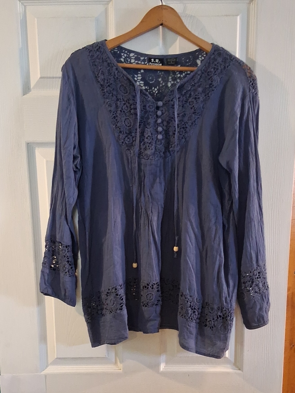 S.R. Fashion Navy Blue Crochet Peasant Top - Long Sleeve